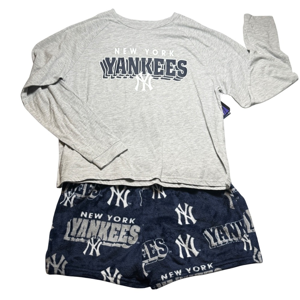 New York Yankees Pajama Set Womens XL Long‎ Sleeve Plush Shorts MLB Sleepwear